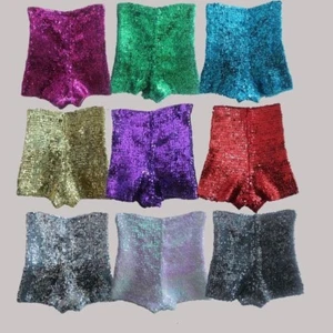 Lady Full Sequins Shorts High Waist Shiny Glitter Dance Hot Pants Stretch Silver - Picture 1 of 19