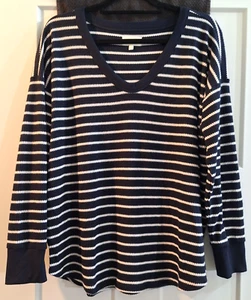 LOU & GREY Striped Wafflestitch Shirttail Top, Navy/White, Size L - Picture 1 of 7