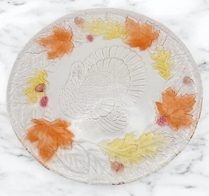 Thanksgiving Glass Serving Platter With Embossed Turkey & Autumn Leaves Large - Picture 1 of 8