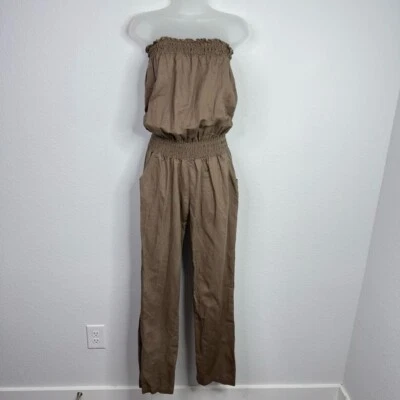 Macacão batom feminino L marrom mistura de linho sem alças boho férias costeiro - Imagem 1 de 4