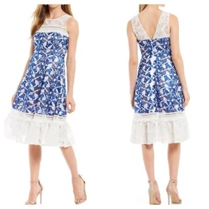 Vestido BELLE BADGLEY MISCHKA Mujer Talla 14 Azul Blanco Mariposa Bordado Flecos - Imagen 1 de 5