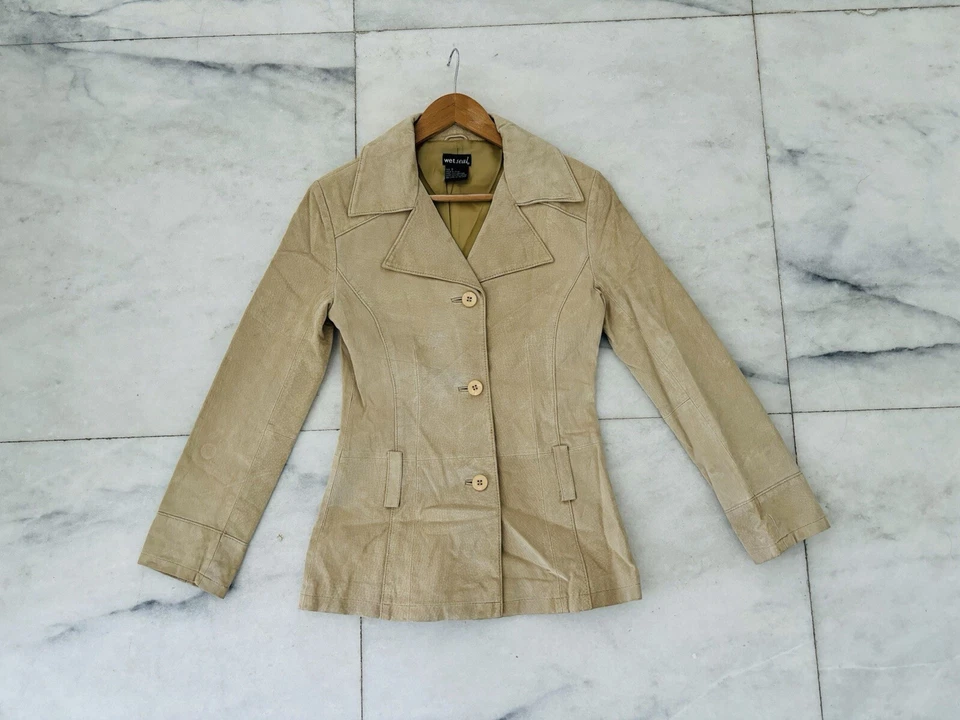 Chaqueta de Colección Años 90 Y2K Sello Húmedo Gamuza Cuero Beige Forrado Para Mujer S Western Hippie Foto 1 de 4