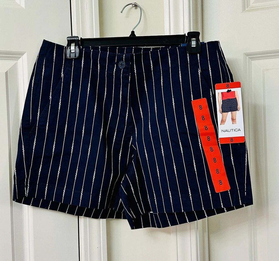 NAUTICA Womens 12 Striped Twill Shorts Navy White 5" Inseam Casual Nautical