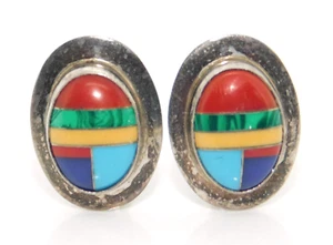 Orecchini a clip ovali colorati argento sterling 925 multicolore pietra preziosa intarsiata - Foto 1 di 7