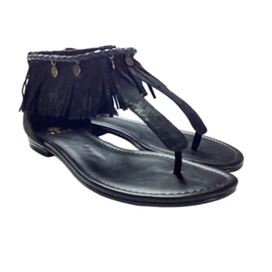 Isola Mardi Sandals Womens 9 40 Black Suede Fringe Flat Thong Zip Back NEW - Picture 1 of 8
