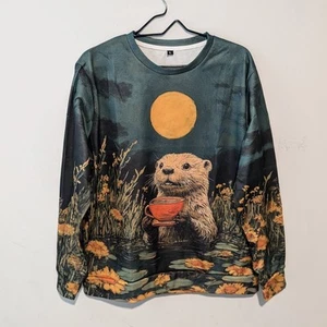 Green Floral Otter Water Men's Sweatshirt Crewneck Size L - Picture 1 of 4
