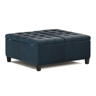 Pemberly Row Traditional 36"  Faux Leather Ottoman in Distressed Dark Blue - Изображение 1 из 4
