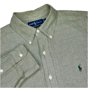 Ralph Lauren L/S Cotton Button Up Blake Mens XL Green Gray Herringbone Pony Logo - Picture 1 of 11