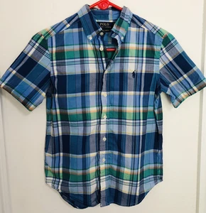 Polo Ralph Lauren Natural Stretch Button Down Shirt Blue Plaid Boys Medium 10-12 - Picture 1 of 10