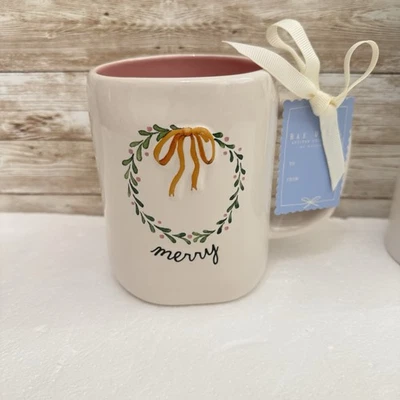Rae Dunn Merry Wreath Holly Bow Christmas Coffee Tea Pink Mug New - Image 1 of 4