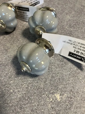 5 Liberty Hardware Chrome & Gray Blue Melon Shaped Knob 1.5" (38mm) New - Image 1 of 4