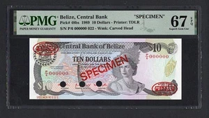 Belice 10 Dólares 1989 P48bs "Especimen" Sin Circular Grado 67 Top Pop - Imagen 1 de 2