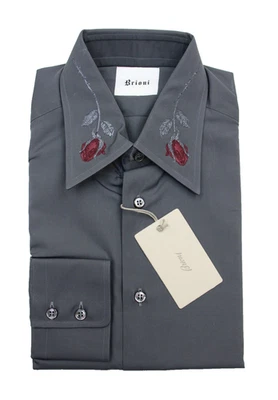 Camisa Brioni Para Hombre Pequeña Gris Bordada Cuello Rosa Vestido Hecho en Italia SCB40M Foto 1 de 4