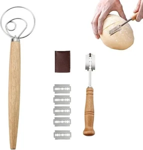 Brot Lahm & Dänischer Teig Schneebesen Set 5 Klingen Lederabdeckung Backwerkzeuge - Bild 1 von 5