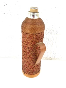Vintage Rattan Vacuum Bottle Thermos Flask 13" x 4" Bung Lid - Picture 1 of 10