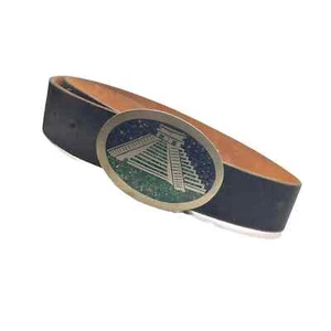 VTG Southwestern Silver Turquoise Mayan Temple Buckle Leather Belt Mexico 33-39" - Picture 1 of 5