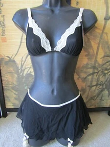 Damen Schwarz/Creme Dessous 2-teiliges Set Transparent BH, Tanga, Rock mit Strumpfgürtel S - Bild 1 von 2