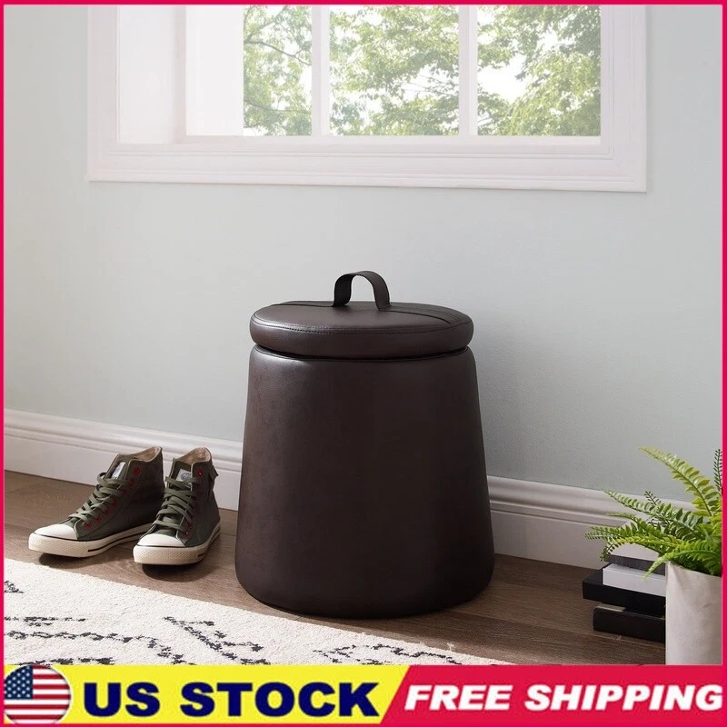 Round Faux Leather Storage Ottoman W/ Hidden Storage Ideal Small Spaces New - Image 1 of 4