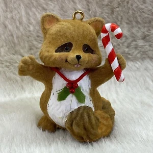 AGC Fuzzy Raccoon Christmas Ornament Holly Berry Necklace Holding Candy Cane 2” - Picture 1 of 10
