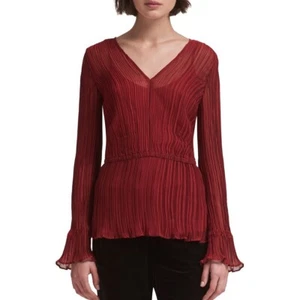 DKNY NEW Women's Crinkle Tie-waist 2 In 1 Blouse Shirt Top TEDO - Picture 1 of 2