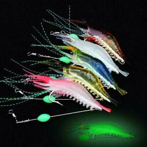 5PCS Luminous Fishing Lures Shrimp Soft Artificial Silicone Baits Hooks Swivels