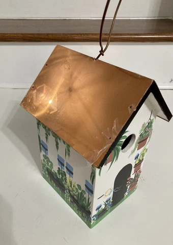 NWT Copper Roof Hand Painted Bird House White with Blue, Pink, Green Cover