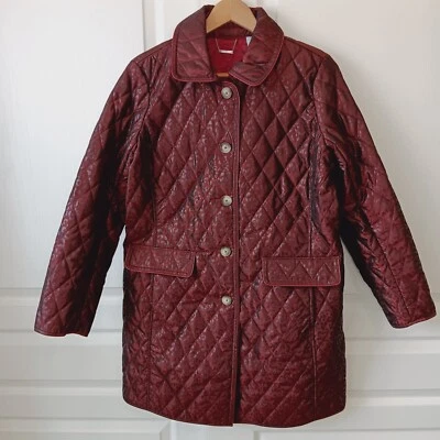 Chico's Women's Deep Red Long Quilted Animal-Print Coat Size 1 US Size 8/10 - Image 1 of 4