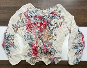 Billabong Womens S White Pink Floral Button Up Blouse Stretchy Waist Shirt Top - Picture 1 of 9