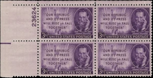 Scott # 946 - US Plate Block Of 4 - Pullitzer & Liberty 3c Purple- **MNH**- 1947 - Picture 1 of 1