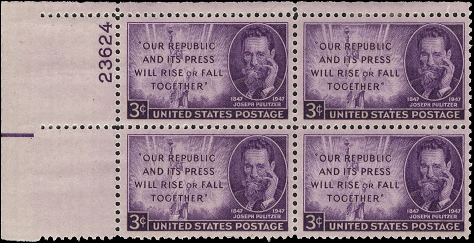 Scott # 946 - US Plate Block Of 4 - Pullitzer & Liberty 3c Purple- **MNH**- 1947 - Image 1 of 1