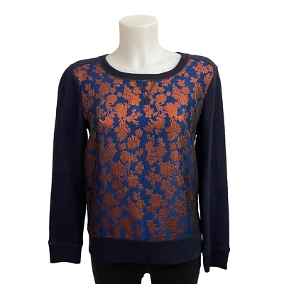J. Crew Navy Blue crew neck sweater, embroidered copper floral size small - Image 1 of 4