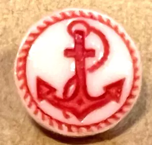 Sweet HP Incised Red BOAT ANCHOR on White Glass Kiddie Button 1/2” - Picture 1 of 5