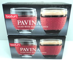 4 Bodum Pavina Glas mit ROTER Silikonhülle Griffschalen 3 Unzen, Neu im Karton - Bild 1 von 1