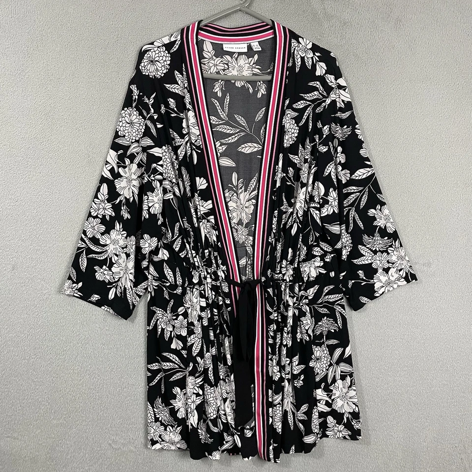 Top Kimono Susan Graver Para Mujer Plus 3X Negro Floral Costero Lagonlook Corbata Frontal Foto 1 de 4
