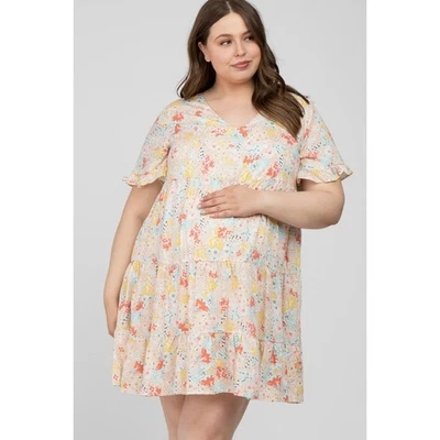 Beige Floral Cotton Tiered Dress Maternity Womens Plus Size 2X Ruffle Sleeve - Image 1 of 4