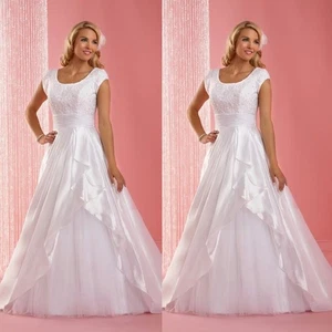 Wedding Dresses Satin Tulle Cap Sleeve Scoop Neck Full Length A Line Bridal Gown - Picture 1 of 9