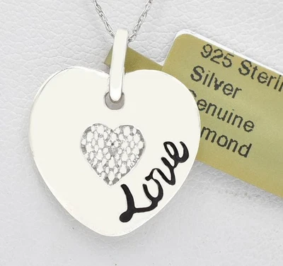 GENUINE DIAMOND HEART PENDANT NECKLACE .925 Sterling Silver - NEW WITH TAG  - Image 1 of 4