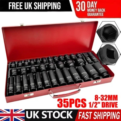 35pcs 1/2" Inch Deep Impact Socket Set Drive 8mm-32mm Metric Garage Nut 6 Point