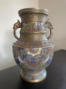 Vase vintage japonais bronze cloisonne champleve bête archaïque urne art grec...