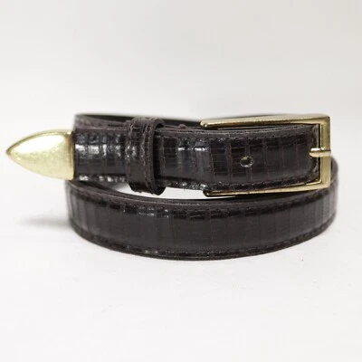 Vtg Dress Belt Women Brown L Croc Emboss Patent Faux Leather Skinny Gold Tone - Image 1 of 4
