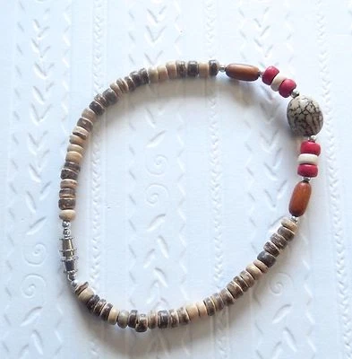 Tobillera - Cuentas de madera - Rojo Marrón Beige Plata -10 pulgadas de largo-- Foto 1 de 2