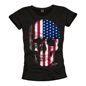 VINTAGE USA FLAG WOMENS SHIRT WHIT AMERICA SKULL DESIGN - TOP US BIKER GIRL TEE - Picture 1 of 1