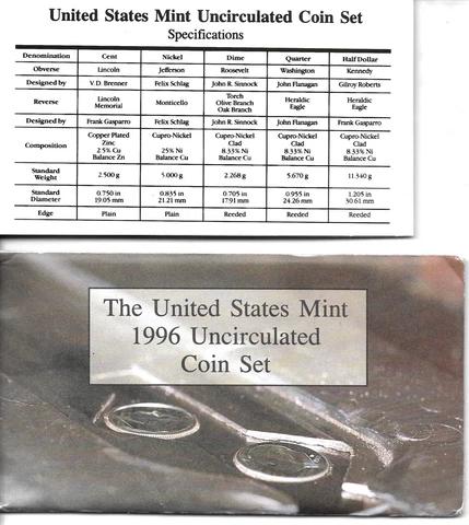 1996 US Mint Uncirculated P & D Set ~ 11 Coin Set w/ West Point Dime Cover