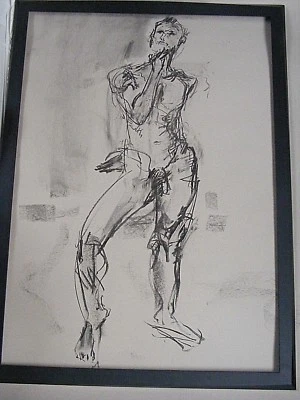 Figure life drawing nude expressive, charcoal/paper, man standing, A1/A2 size - Image 1 of 4
