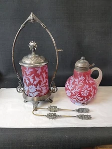 Matching Fenton Cranberry Daisy & Fern Pickle Castor And Syrup Pitcher - Picture 1 of 11