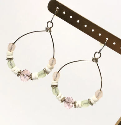 Women’s Pink Crystal Bead Gold Tone 2-1/4”Hoop Earrings W/ Various Stone Beads - Image 1 of 4