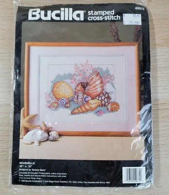 Vtg Bucilla Stamped Cross Stitch Kit #40675 Seashells Picture 16”x2” Nautical  - Image 1 of 4
