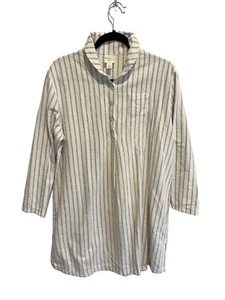GARNET HILL Womens Night Shirt Nightgown White Blue Ticking Striped Flannel Sz M - Picture 1 of 5