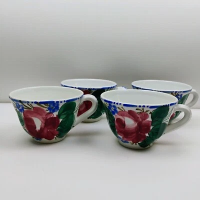 Italian Set of 4 Coffee Tea Cups Vibrant Floral Pink & Orange ITALY - Image 1 of 4
