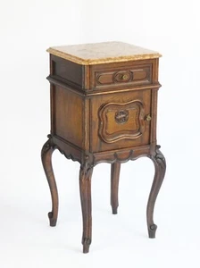 Antique French Louis XV Wooden Side Table with Marble, Walnut Carved Tall Chest - Picture 1 of 9